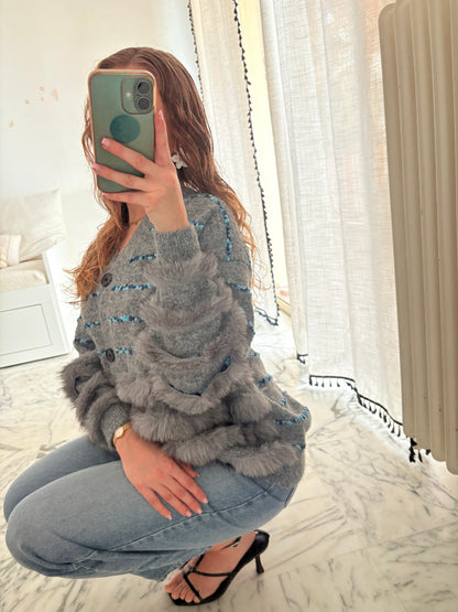 Cardigan en maille avec bandes et fourrure